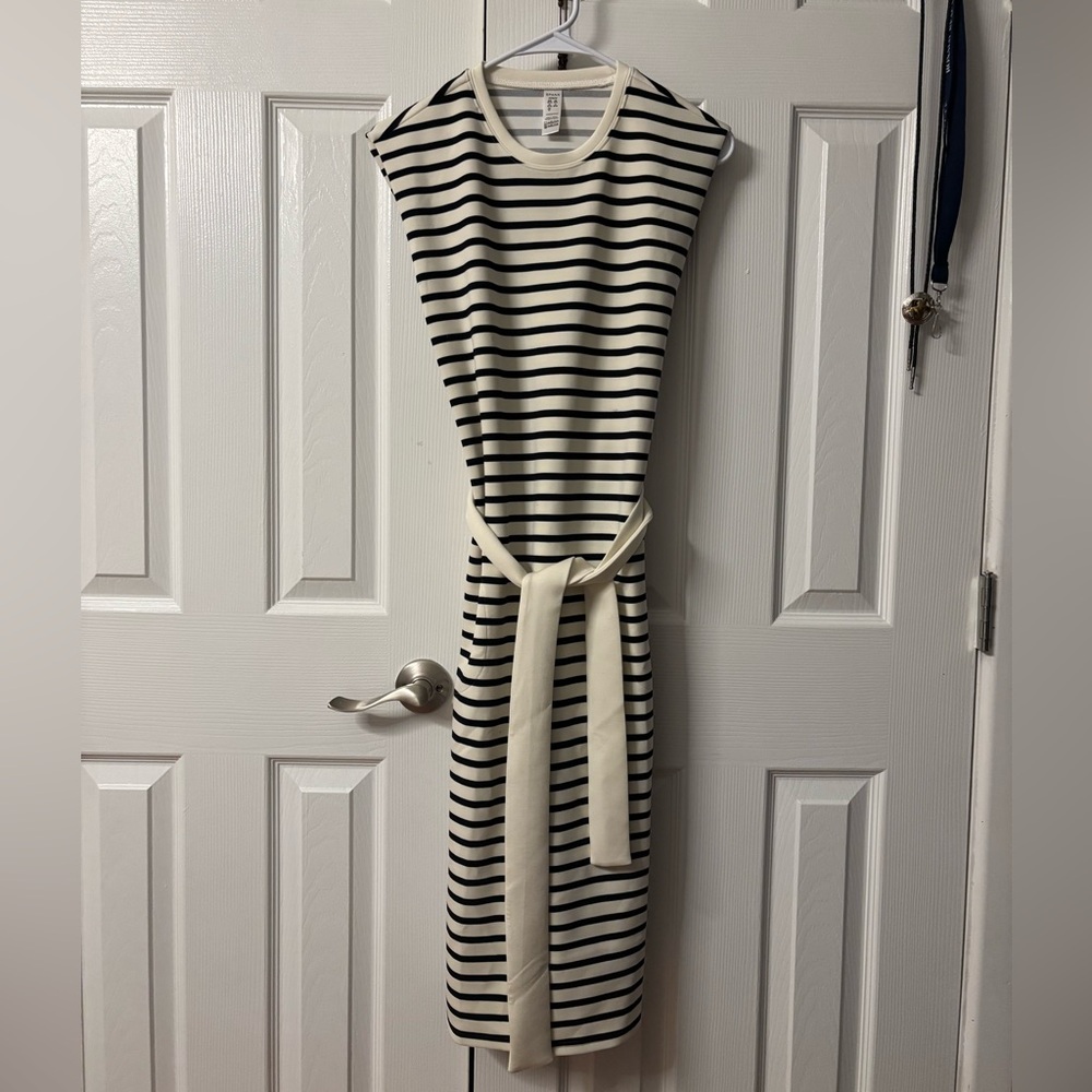 SPANX Air Essentials Black and White Striped Midi Dress with Belt